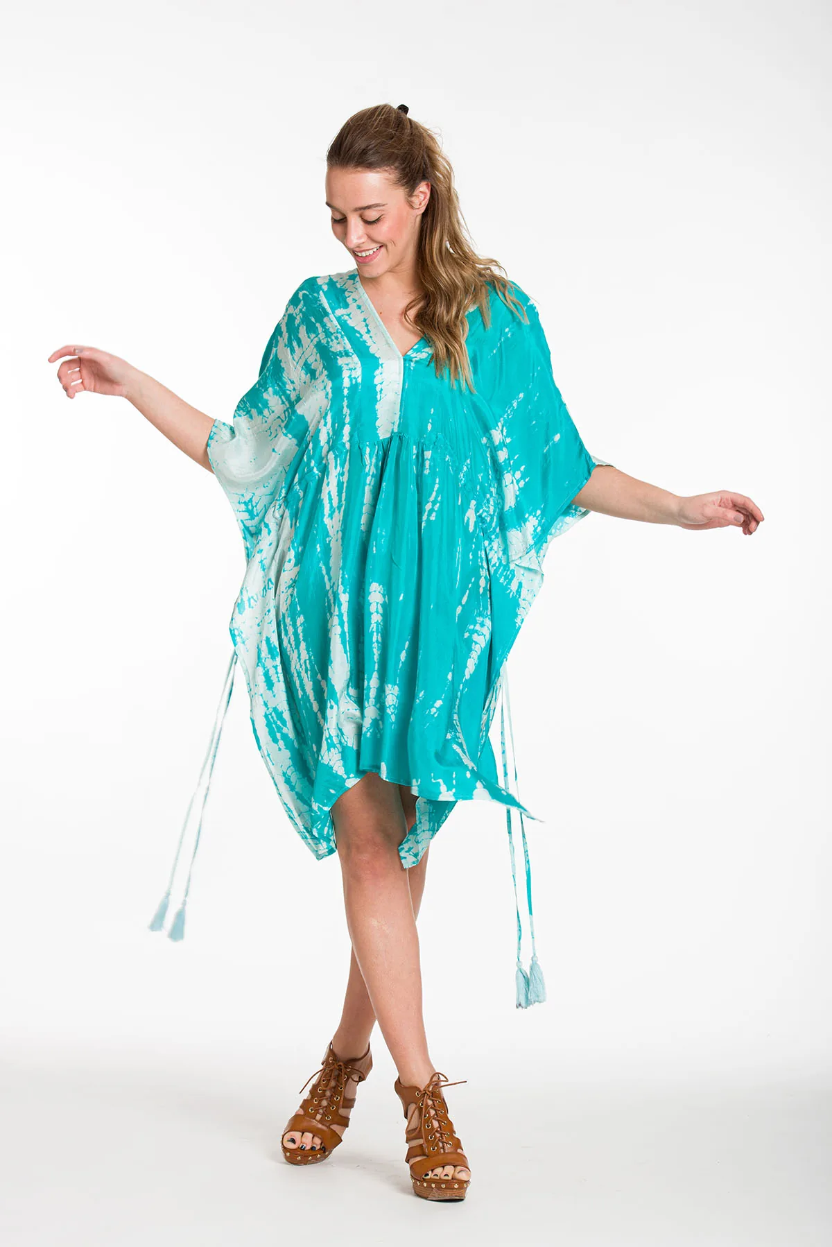 Καφτανι midi μεταξωτο 100% tie dye με κρυφο aduster στις πλαινες - Βεραμάν καφτάνι παραλίας για καλοκαιρινές resort εμφανίσεις