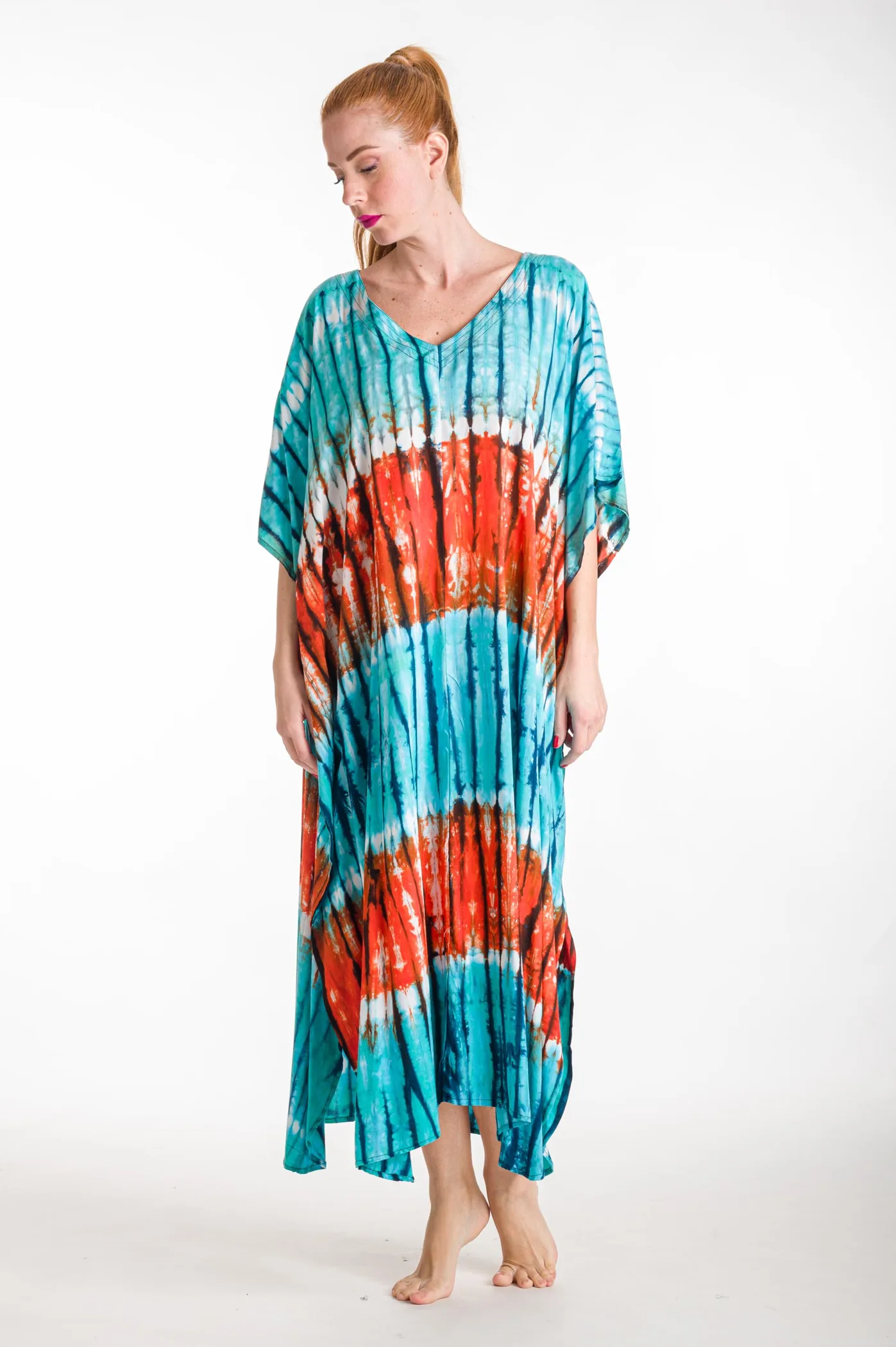 Καφτανι βισκοζ tie dye - Βεραμάν;Πορτοκαλί καφτάνι παραλίας από βισκόζ για καλοκαιρινές resort εμφανίσεις